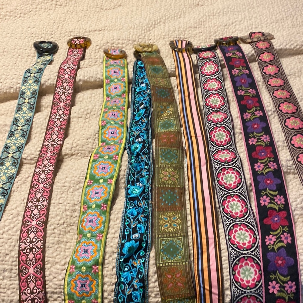 Nine belts. Material belts, some reversible.